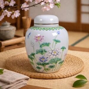 Vintage Otagiri Japanese Floral Ginger Jar Porcelain Lotus Garden Decor 6 Inch